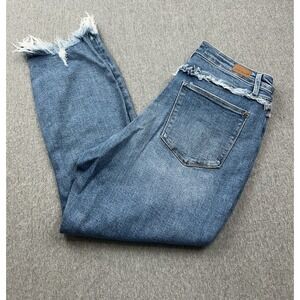 Judy Blue Slim Fit Jeans Womens 16W Blue Denim High Rise Raw Hem‎ Fringe